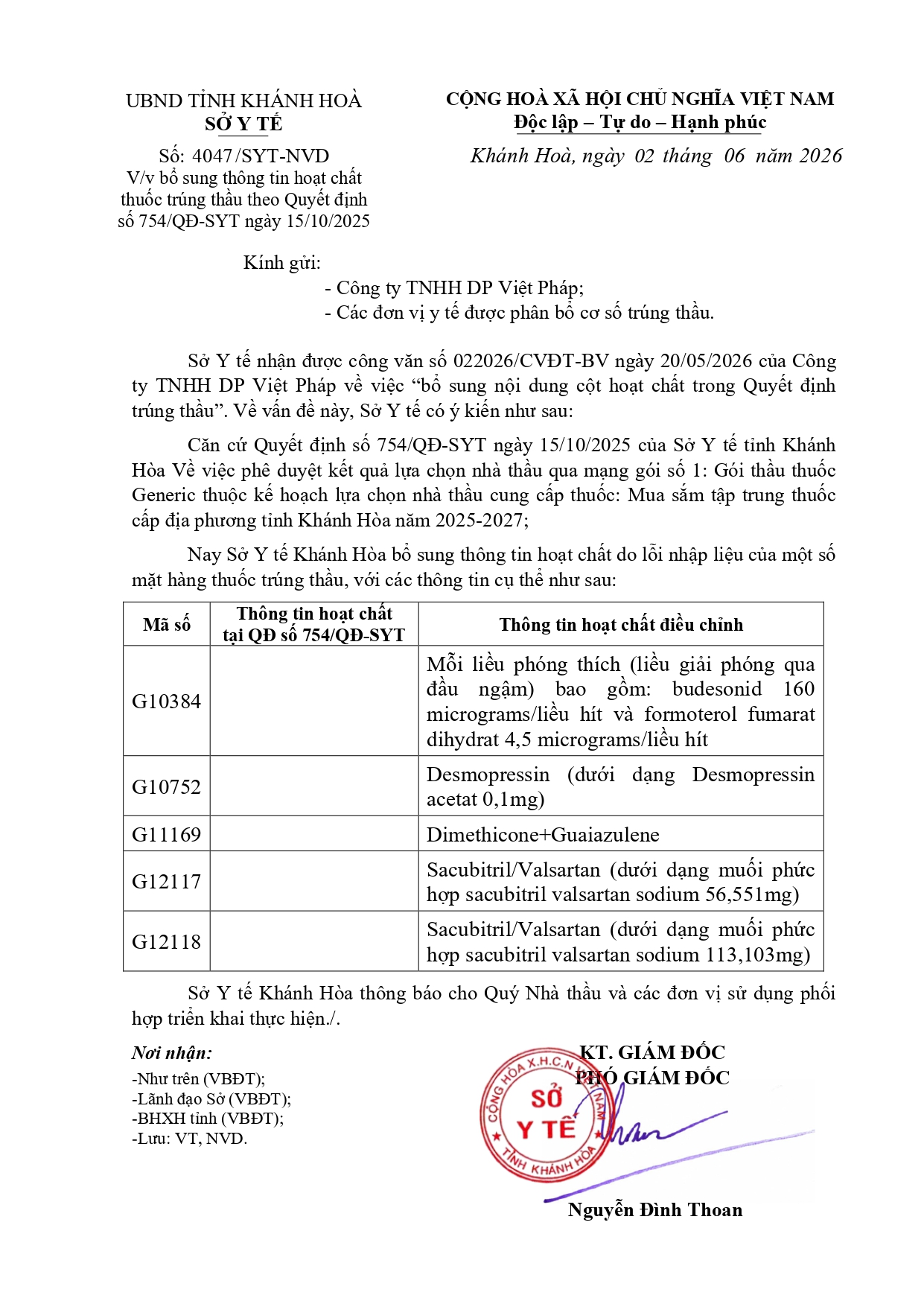 V/v bổ sung thông tin hoạt chất thuốc trúng thầu theo Quyết định số 754/QĐ-SYT ngày 15/10/2025